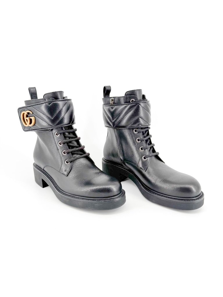 Gucci Marmont Gg Combat Boot Size 37 Us 7 Black Lace Up Quilted Ankle Biker Logo
